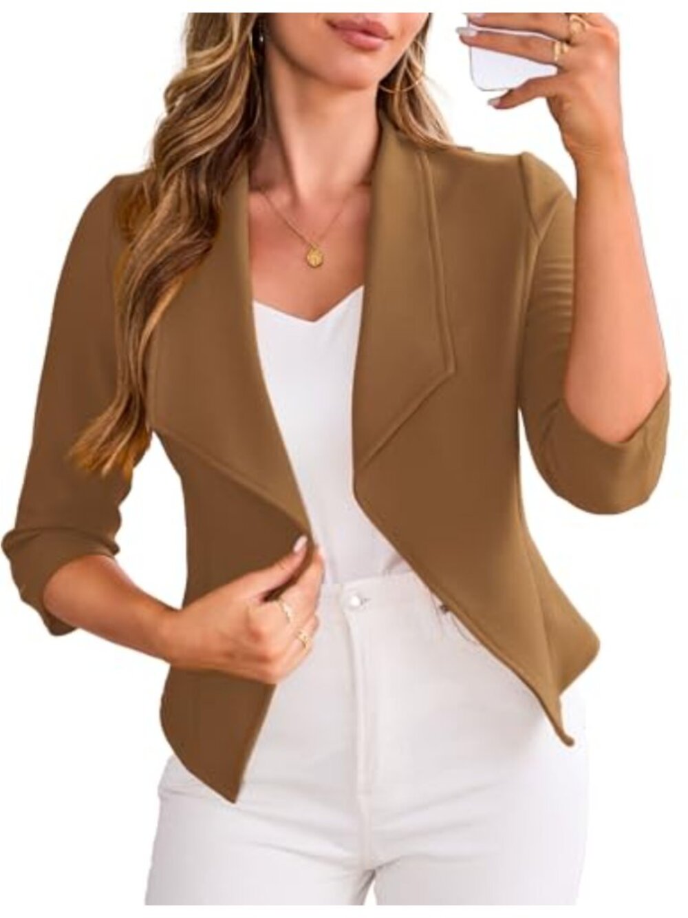 Womens Cropped Blazer 3/4 Sleeve Open Front Business Casual Work Jacket